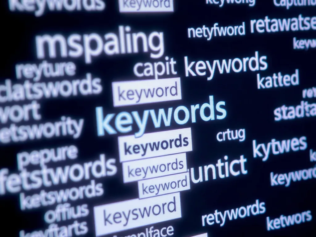Close-up of diverse keywords being analyzed on a computer screen, representing semantic keyword analysis, clear display, professional photography Close-up of diverse keywords being analyzed on a computer screen, representing semantic keyword analysis, clear display, professional photography