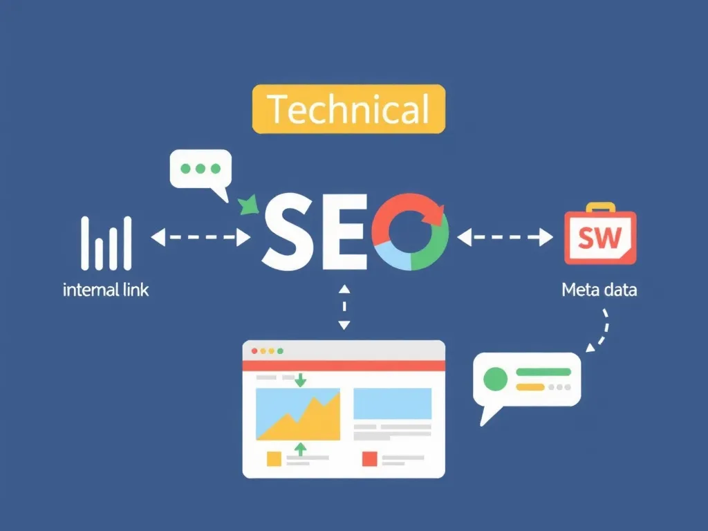 Conceptual illustration of technical SEO processes, such as automated internal linking and meta data optimization, ensuring content visibility in search results, clean design, illustrative graphics
