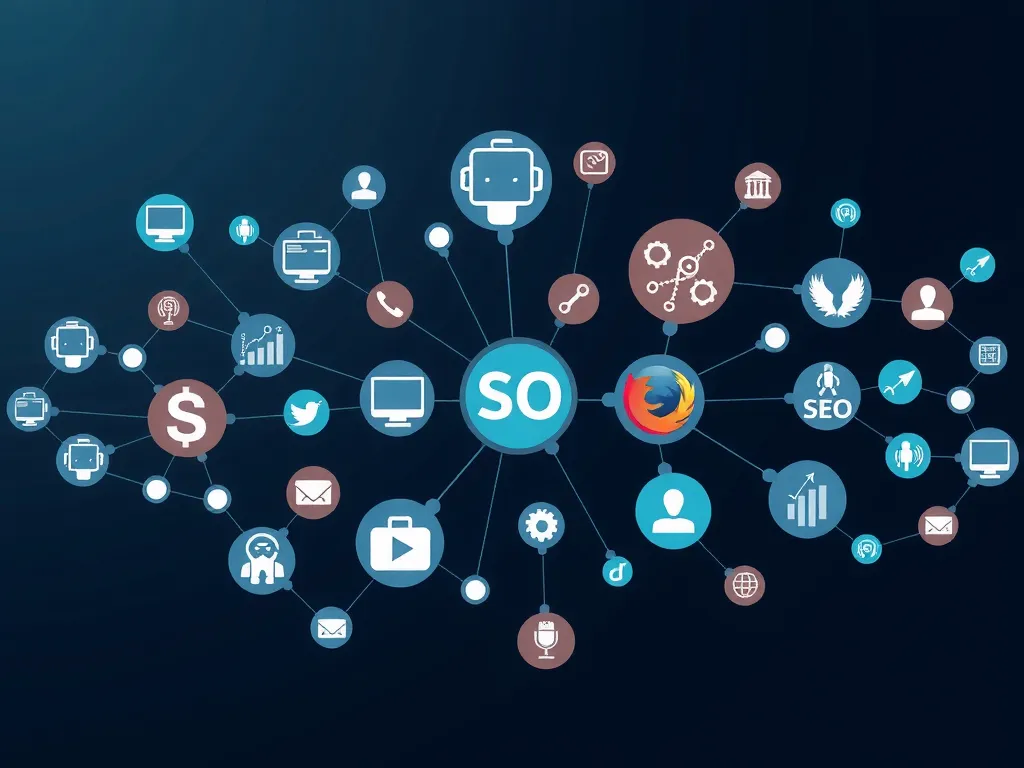 Automated SEO tools and bots working in unison, digital representation of SEO automation with connected nodes and algorithms Automated SEO tools and bots working in unison, digital representation of SEO automation with connected nodes and algorithms